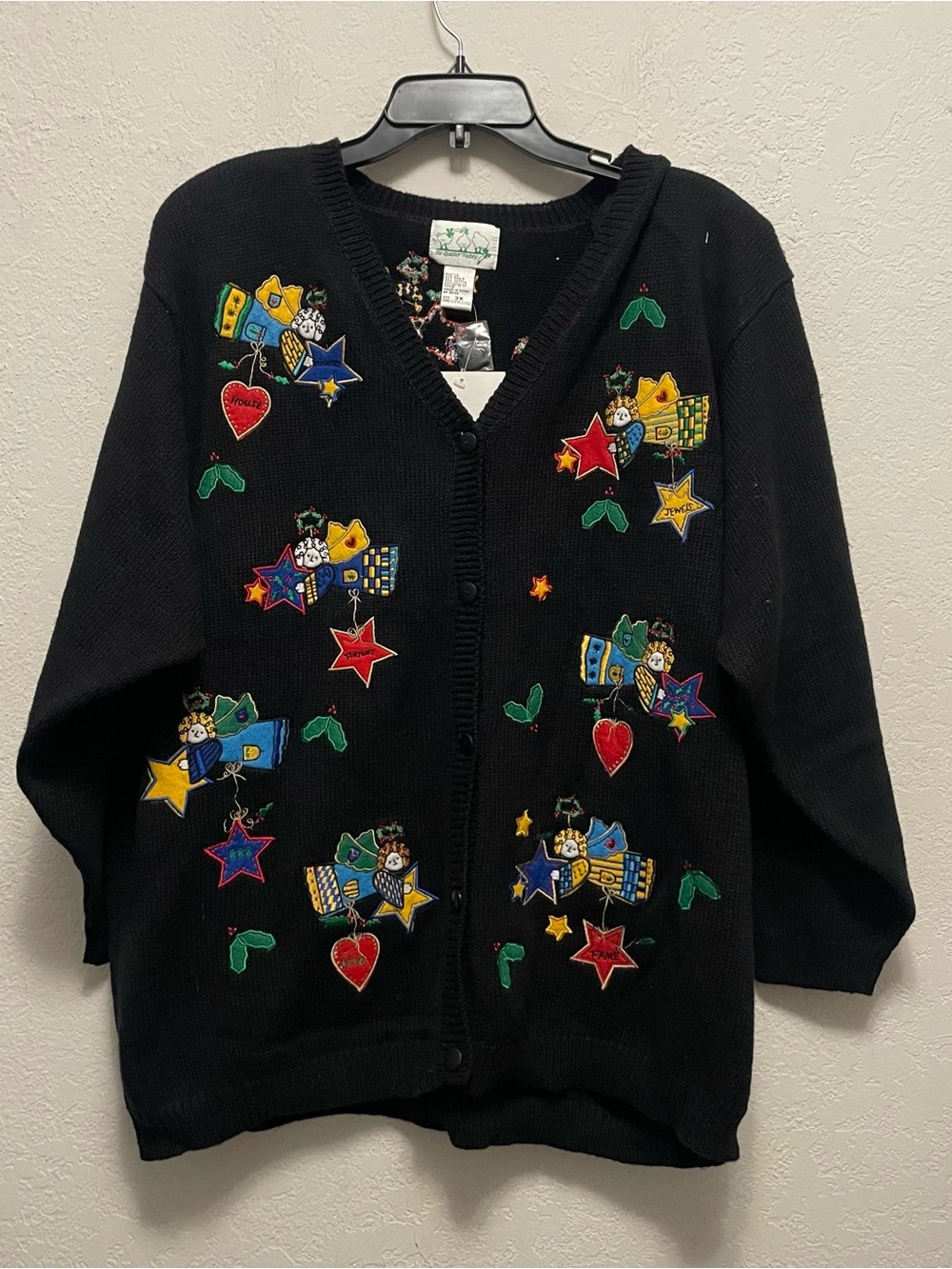 The Quacker Factory 90s Embroidered Christmas Angels Sweater Cardigan 3X Holiday